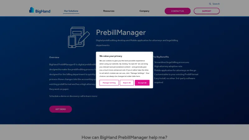 Homepage of BigHand PrebillManager