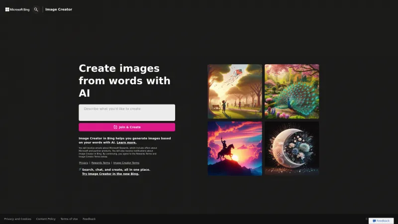 Homepage of Bing Image Creator