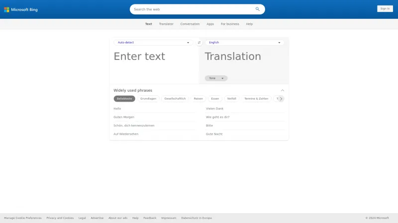 Homepage of Bing Translator