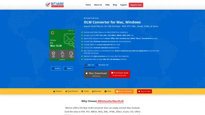 Homepage of BitVare OLM Converter for Mac