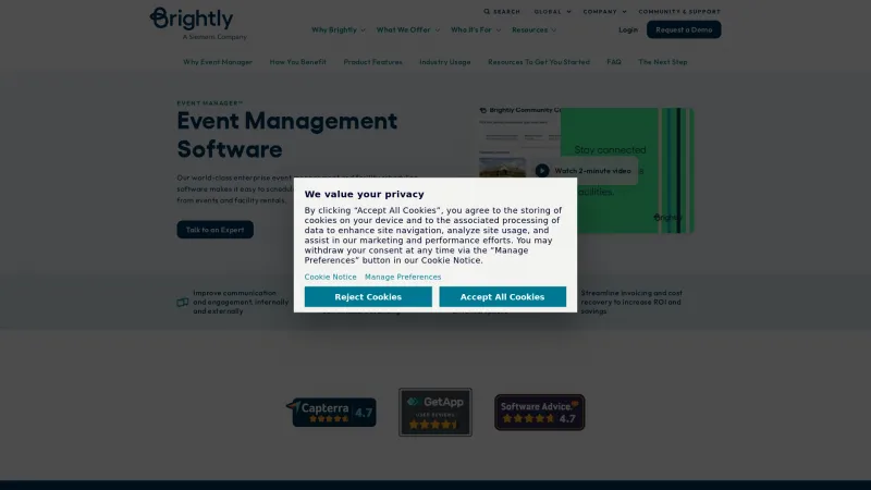 Homepage of Brightly Event Manager