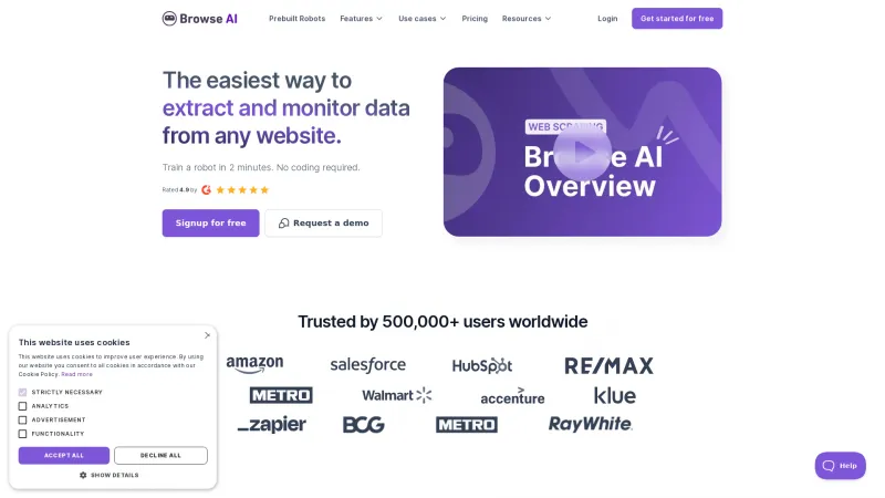 Homepage of Browse AI