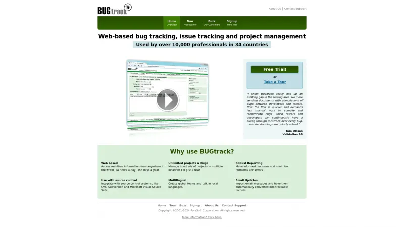 Homepage of BUGtrack