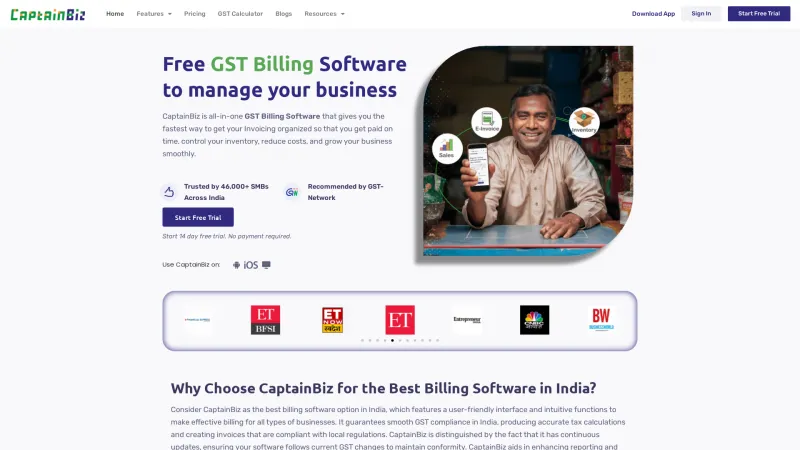 Homepage of CaptainBiz