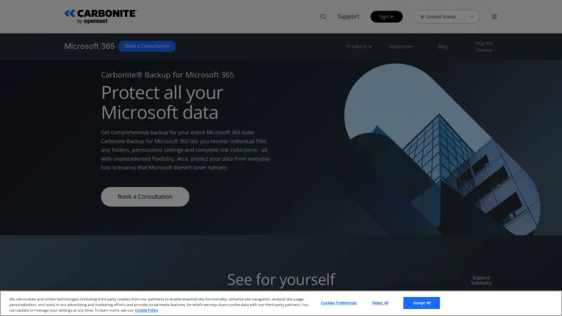 Homepage of Carbonite Backup for Microsoft 365