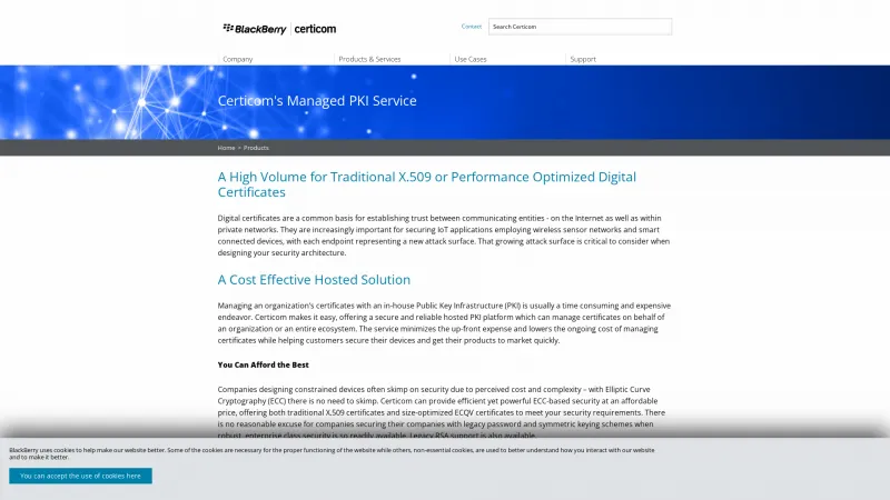 Homepage of Certicom Managed PKI Service