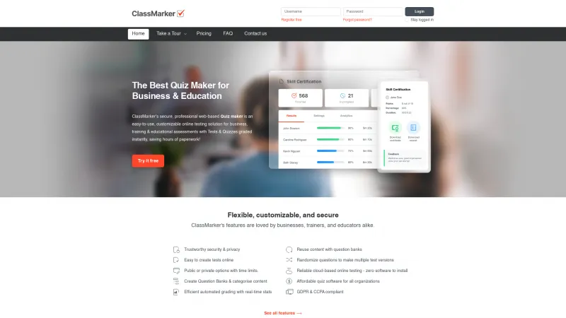 Homepage of ClassMarker