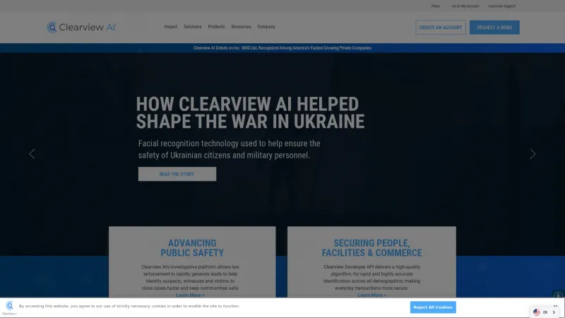 Homepage of Clearview AI