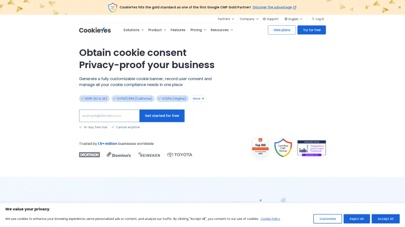 Homepage of CookieYes