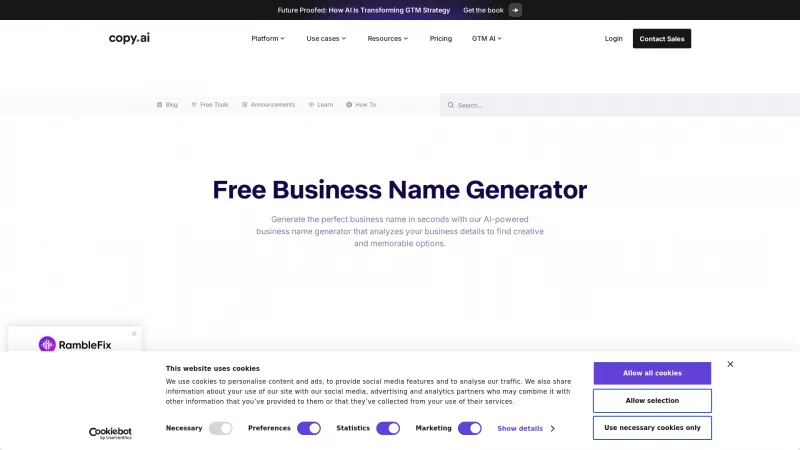 Homepage of Copy.ai Business Name Generator