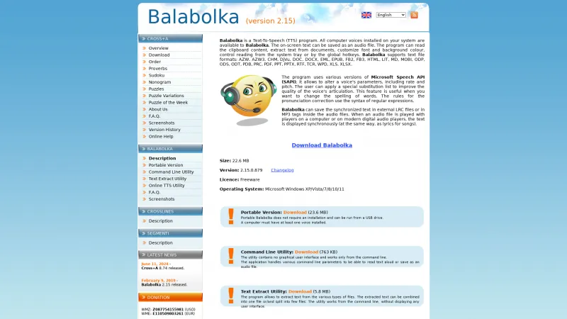 Homepage of Balabolka