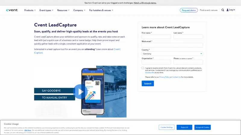 Homepage of Cvent LeadCapture