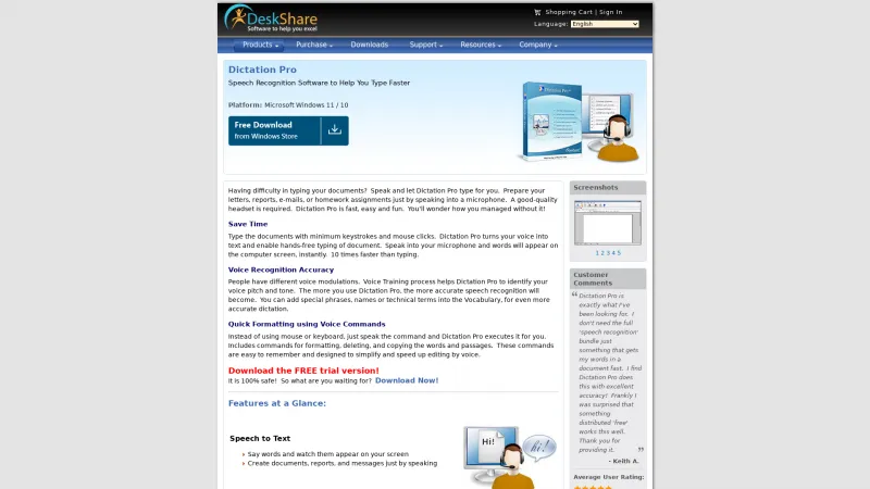 Homepage of Dictation Pro