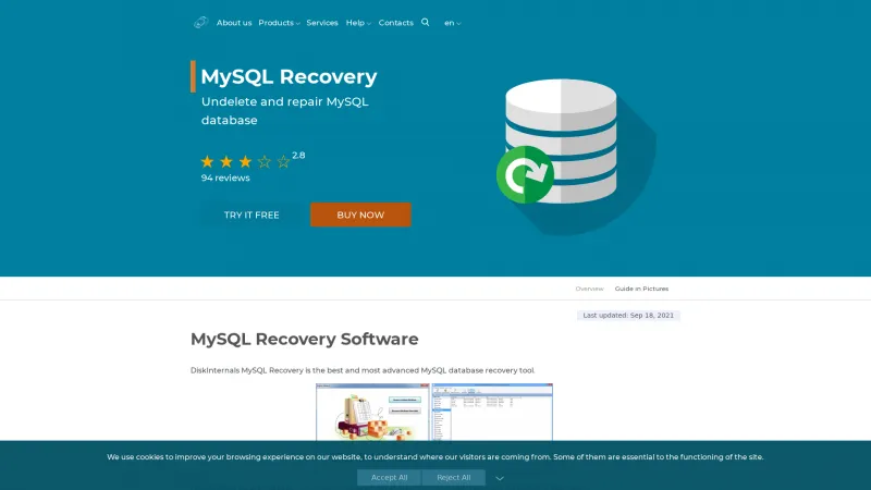 Homepage of DiskInternals MySQL Recovery