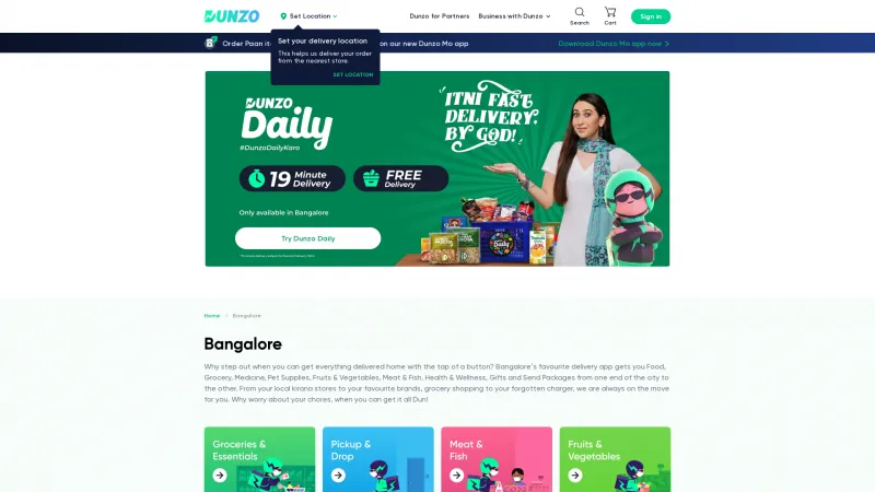 Homepage of Dunzo