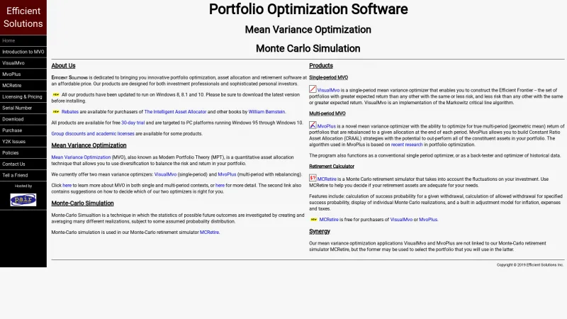 Homepage of Portfolio Optimization Software