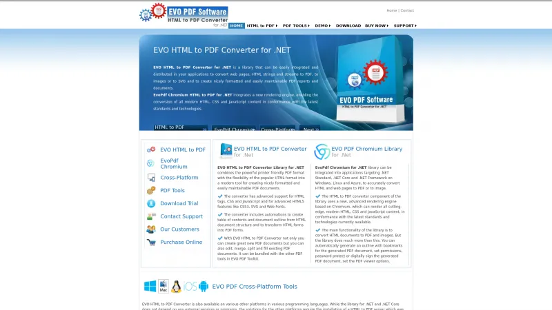 Homepage of EVO HTML to PDF Converter for .Net