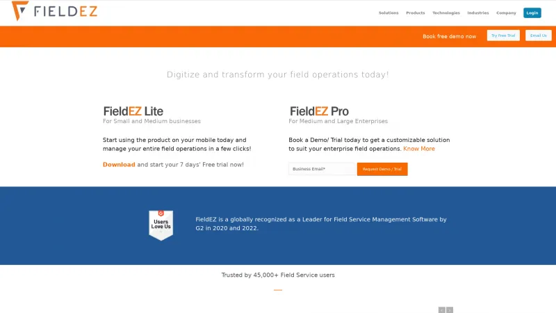 Homepage of FieldEZ