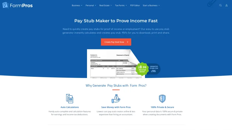 Homepage of Form Pros Pay Stub Maker