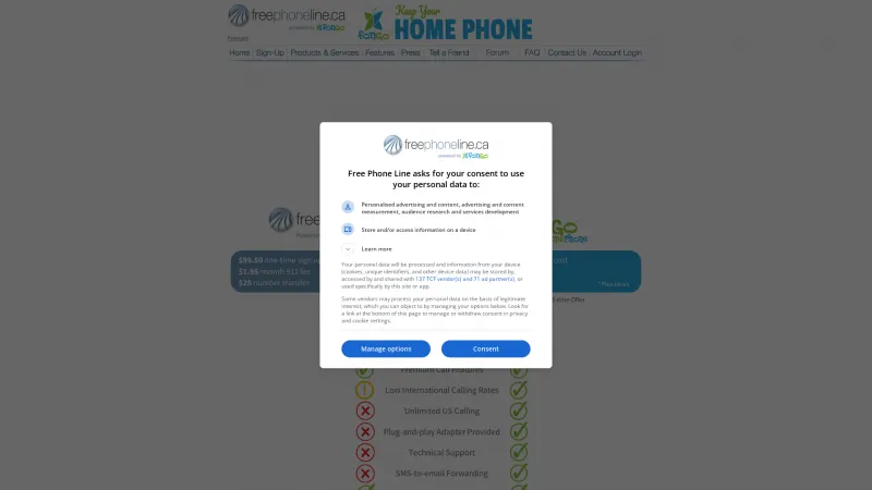 Homepage of FreePhoneLine.ca