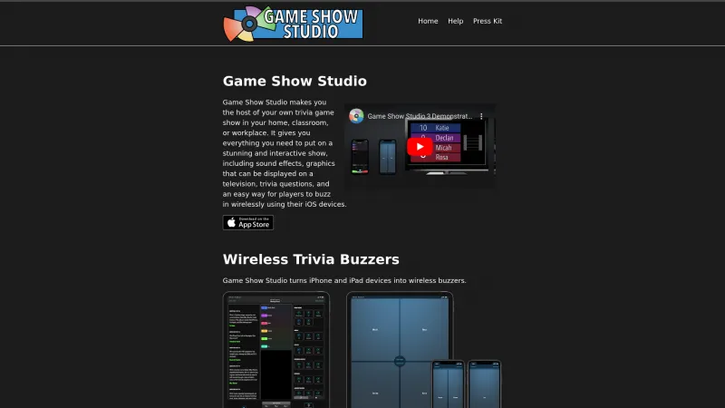 Homepage of Game Show Studio