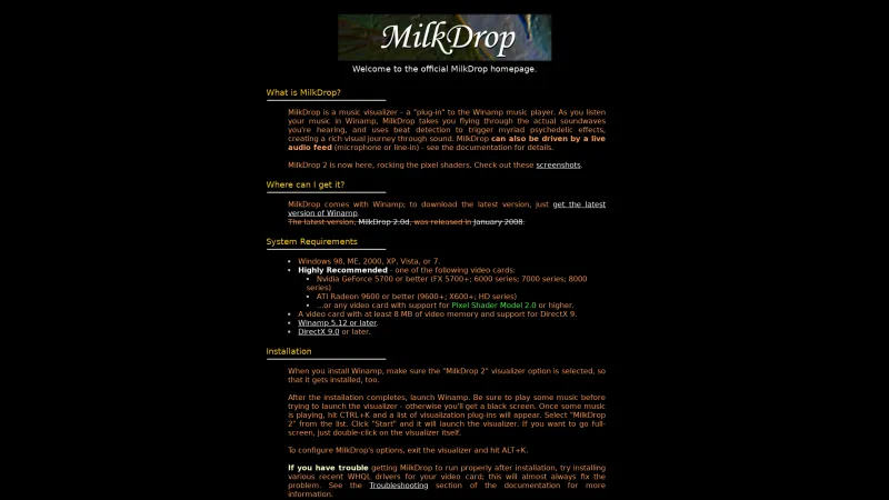 Homepage of MilkDrop