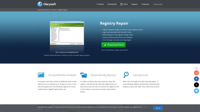 Homepage of Glarysoft Registry Repair