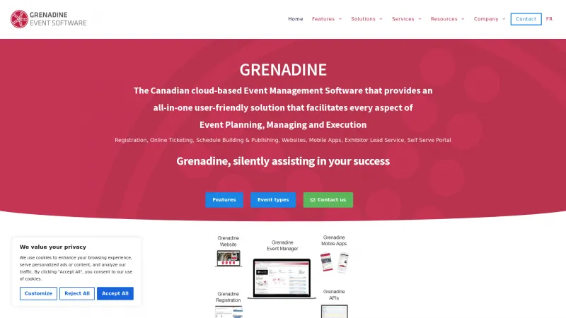 Homepage of Grenadine Event Management Software