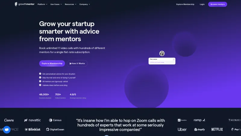 Homepage of GrowthMentor