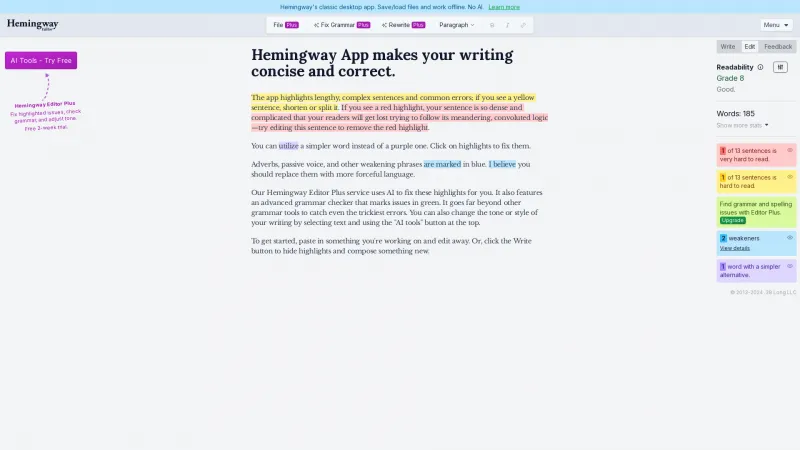 Homepage of Hemingway Editor