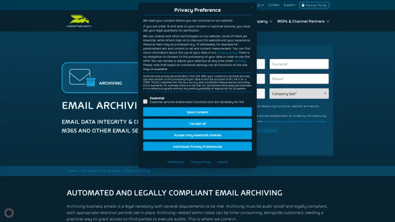 Homepage of Hornetsecurity Email Archiving