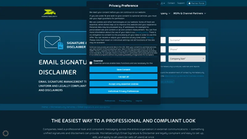 Homepage of Hornetsecurity Email Signature and Disclaimer