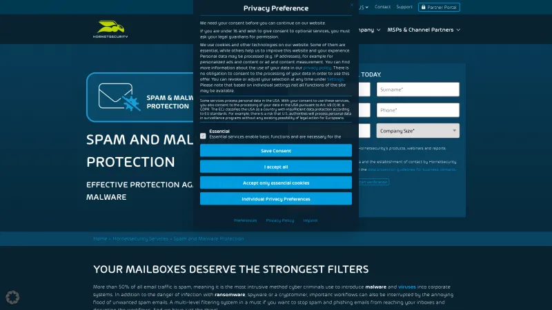Homepage of Hornetsecurity Spam Filtering and Malware Protection