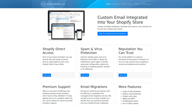 Homepage of Hosted Email for Shopify