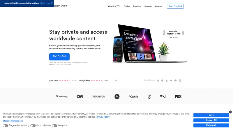 Homepage of Hotspot Shield