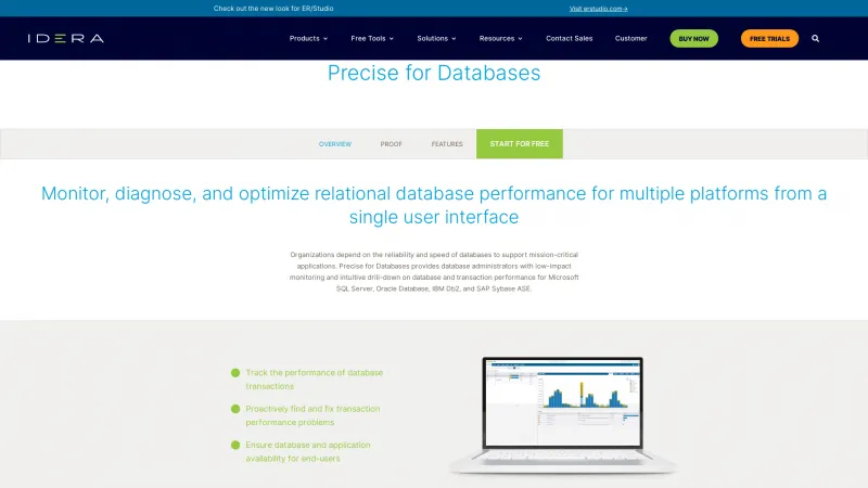 Homepage of IDERA Precise for Databases