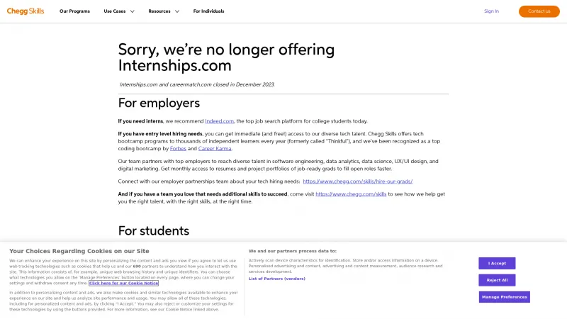 Homepage of Chegg Internships