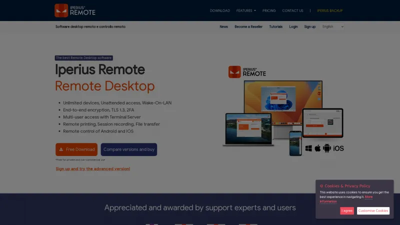 Homepage of Iperius Remote