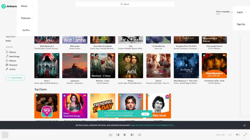 Homepage of JioSaavn