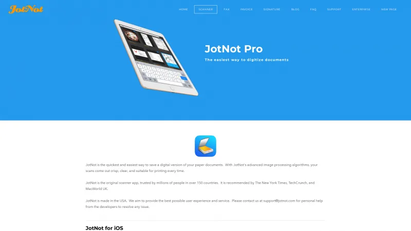 Homepage of JotNot Scanner