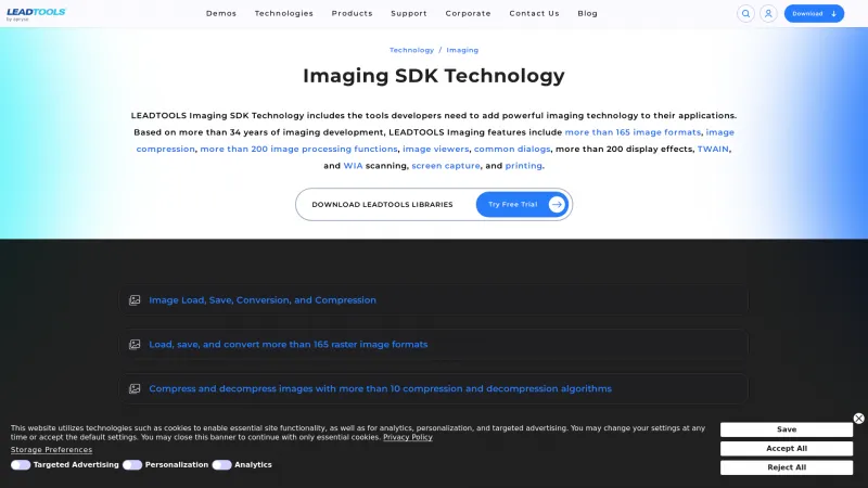 Homepage of LEADTOOLS Imaging SDK