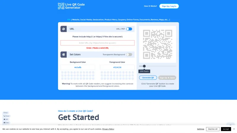 Homepage of Live QR Code Generator