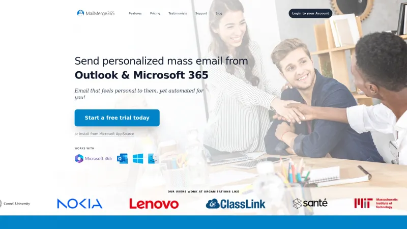 Homepage of MailMerge365