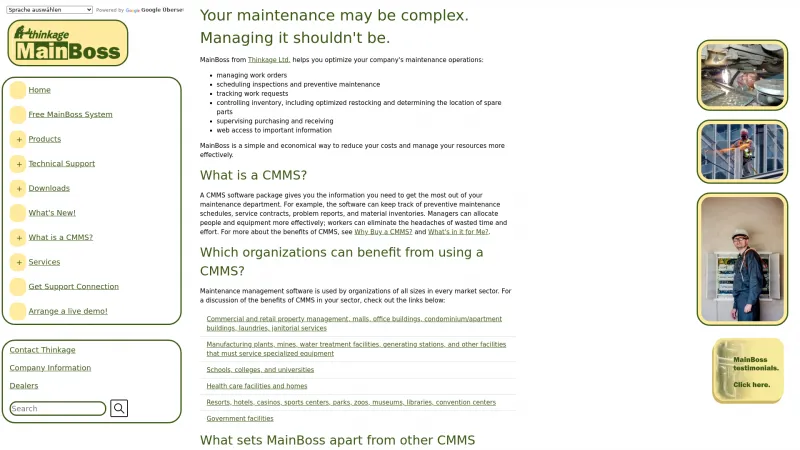 Homepage of MainBoss CMMS