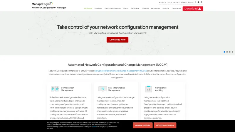 Homepage of ManageEngine Network Configuration Manager