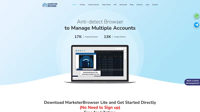 Homepage of MarketerBrowser