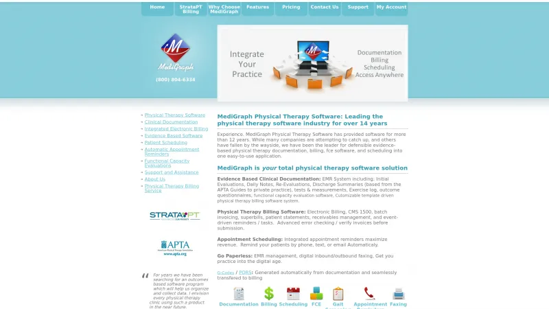 Homepage of MediGraph Physical Therapy Software