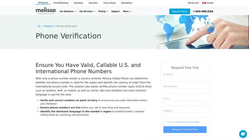 Homepage of Melissa Global Phone Verification