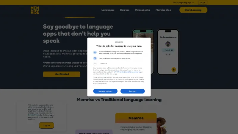 Homepage of Memrise