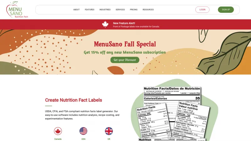 Homepage of MenuSano